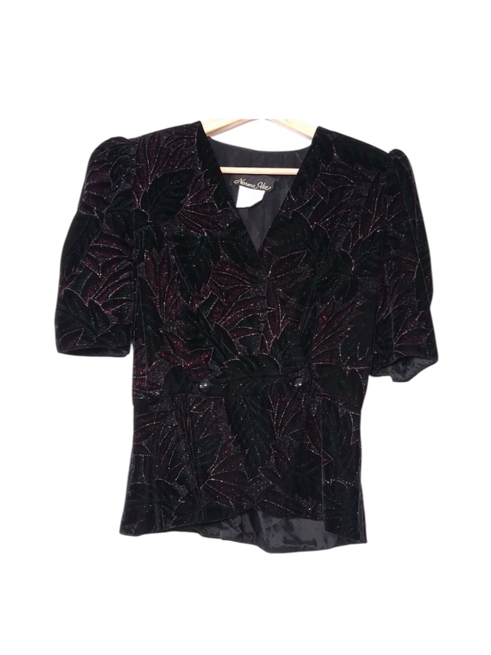 Vintage Blazer short sleeve velvet black floral collarless Puffed Sleeve Jacket